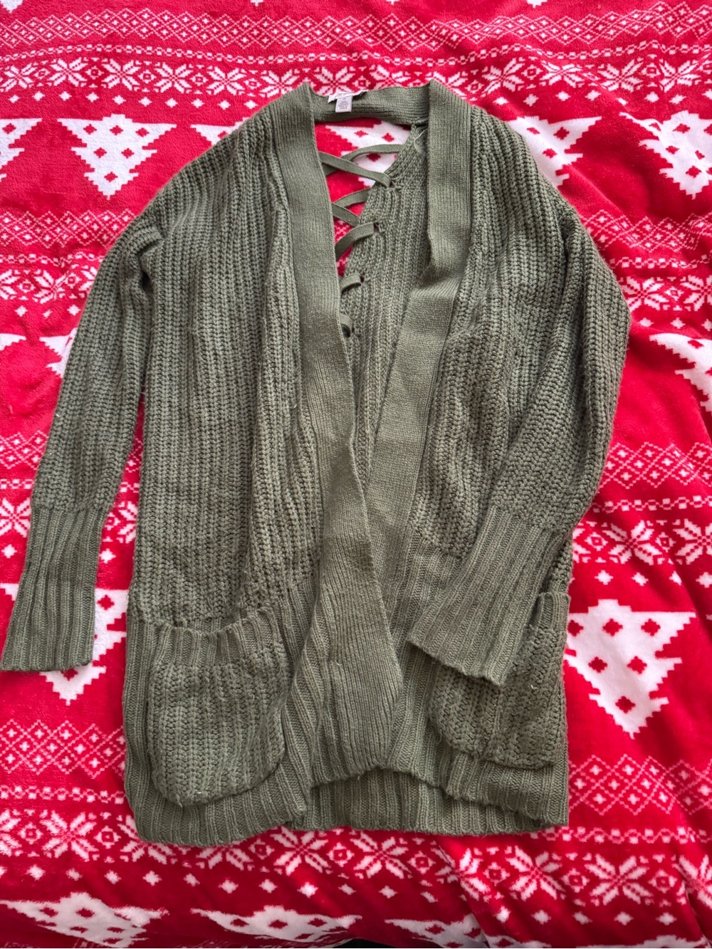 Arizona Jean Company Olive Green Lace-Up Open Cardigan